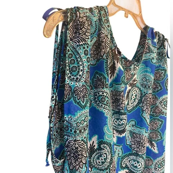Rosa Faia Sz S Blue Green Paisley Semi-Sheer Shirred Shoulders Swim Cover-Up - Picture 4 of 11